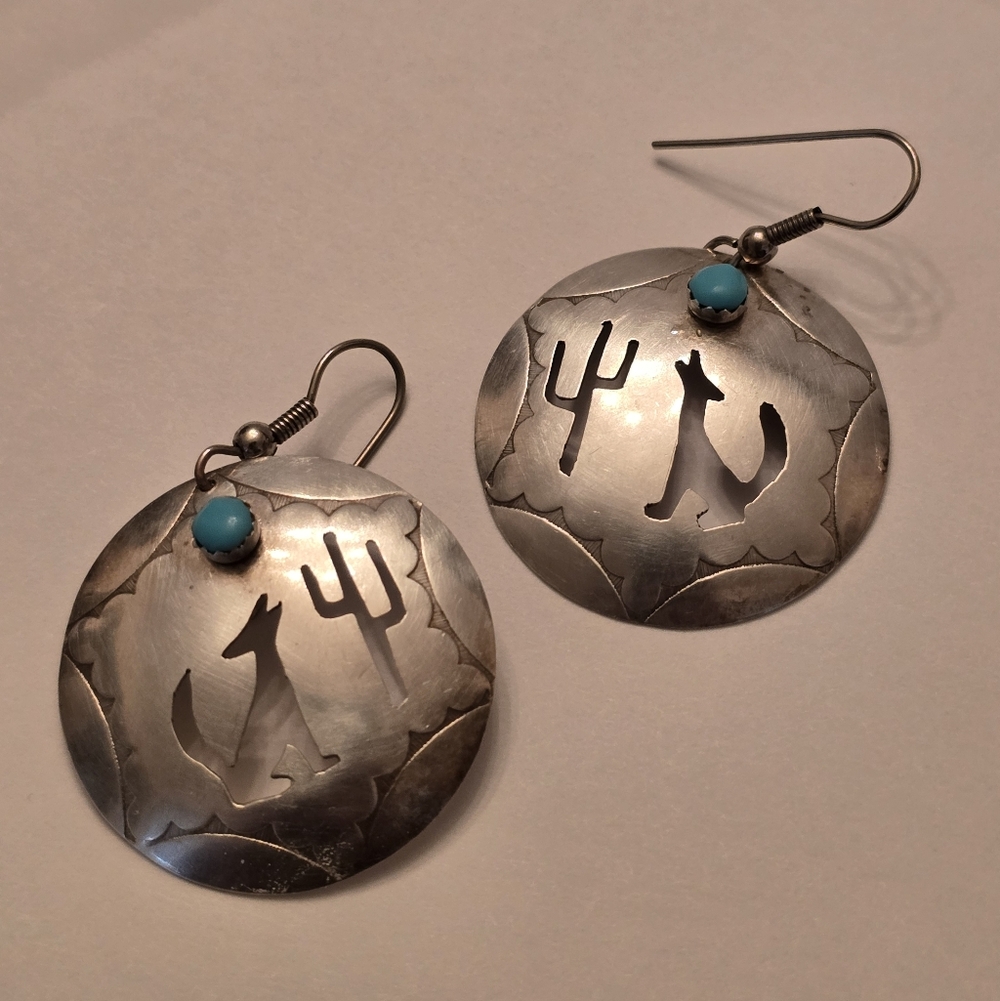 Sterling Silver Navajo Coyote Cactus Earrings